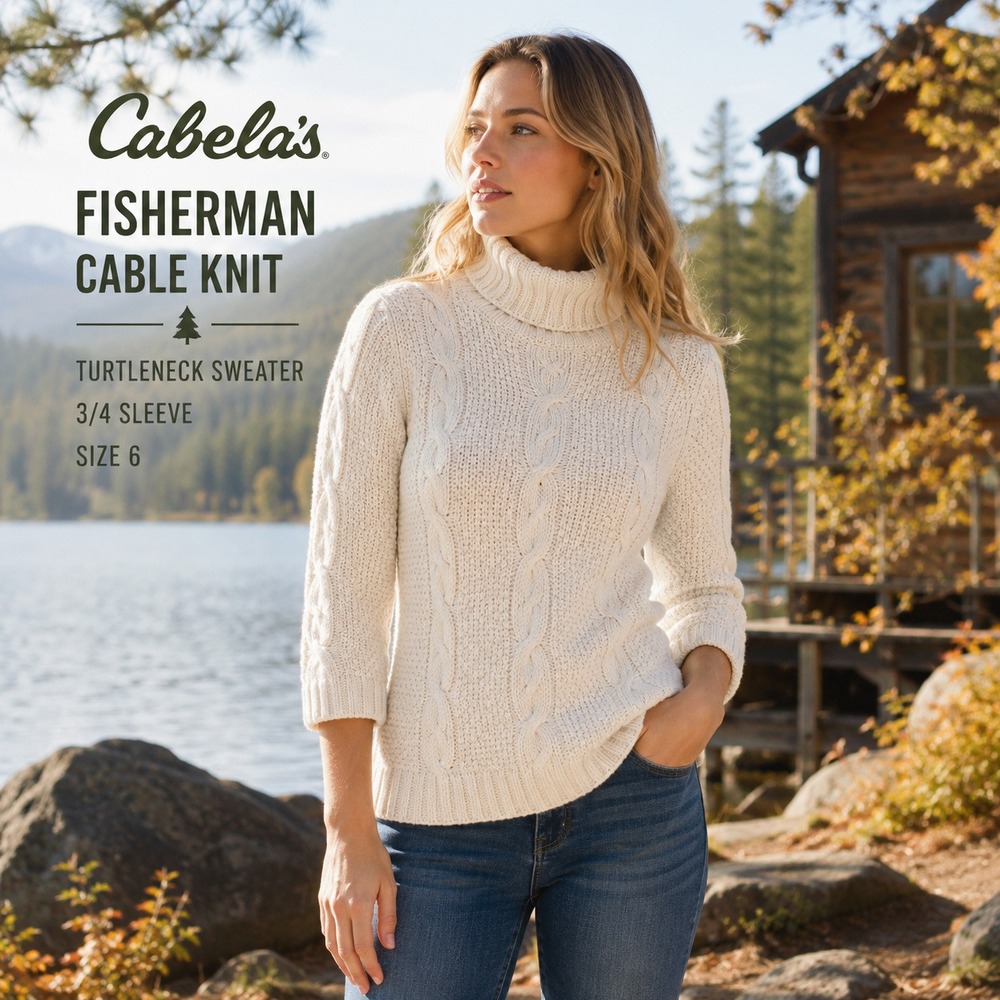 Cabela's Sweater Women S Cream Cotton Cable Knit Turtleneck Fisherman 3/4 Sleeve